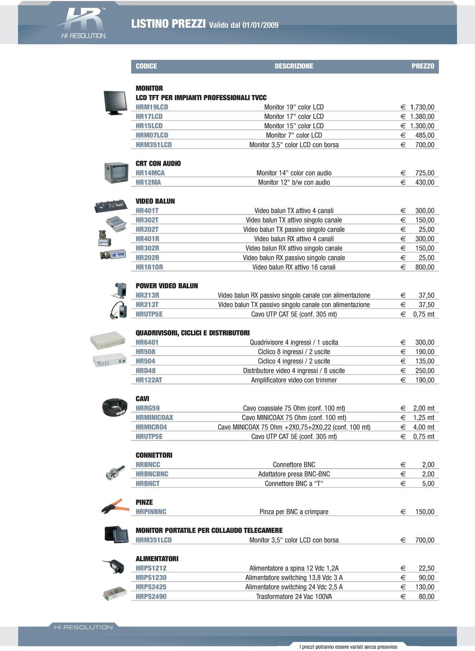 BALUN HR401T Video balun TX attivo 4 canali 300,00 HR302T Video balun TX attivo singolo canale 150,00 HR202T Video balun TX passivo singolo canale 25,00 HR401R Video balun RX attivo 4 canali 300,00