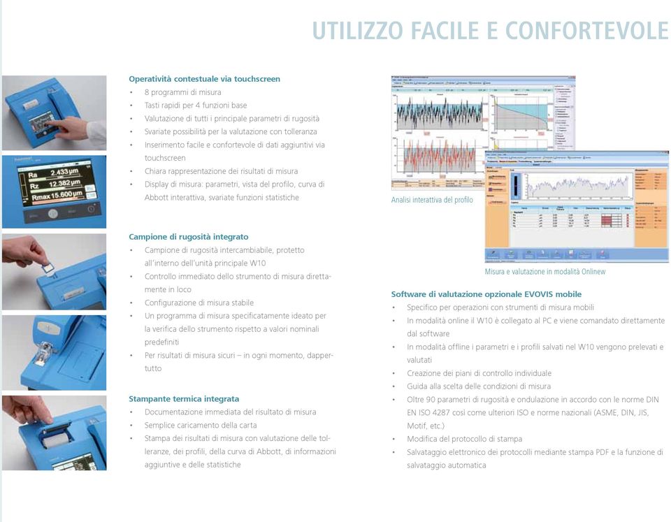 del profilo, curva di Abbott interattiva, svariate funzioni statistiche Analisi interattiva del profilo Campione di rugosità integrato Campione di rugosità intercambiabile, protetto all interno dell