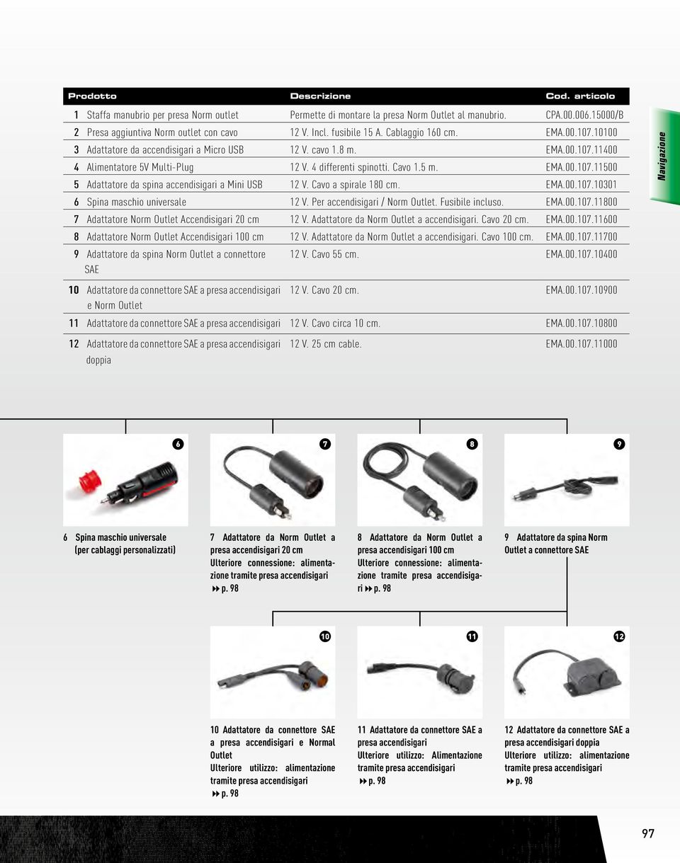 Cavo a spirale 80 cm. EMA.00.07.030 6 Spina maschio universale 2 V. Per accendisigari / Norm Outlet. Fusibile incluso. EMA.00.07.800 7 Adattatore Norm Outlet Accendisigari 20 cm 2 V.