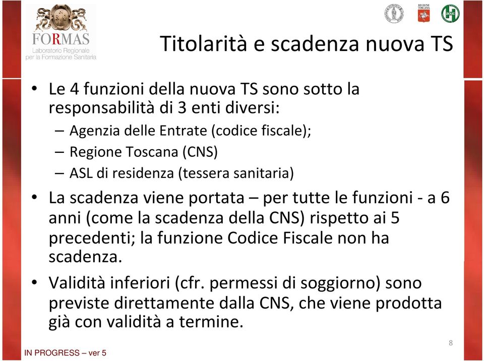 funzioni -a 6 anni (come la scadenza della CNS) rispetto ai 5 precedenti; la funzione Codice Fiscale non ha scadenza.