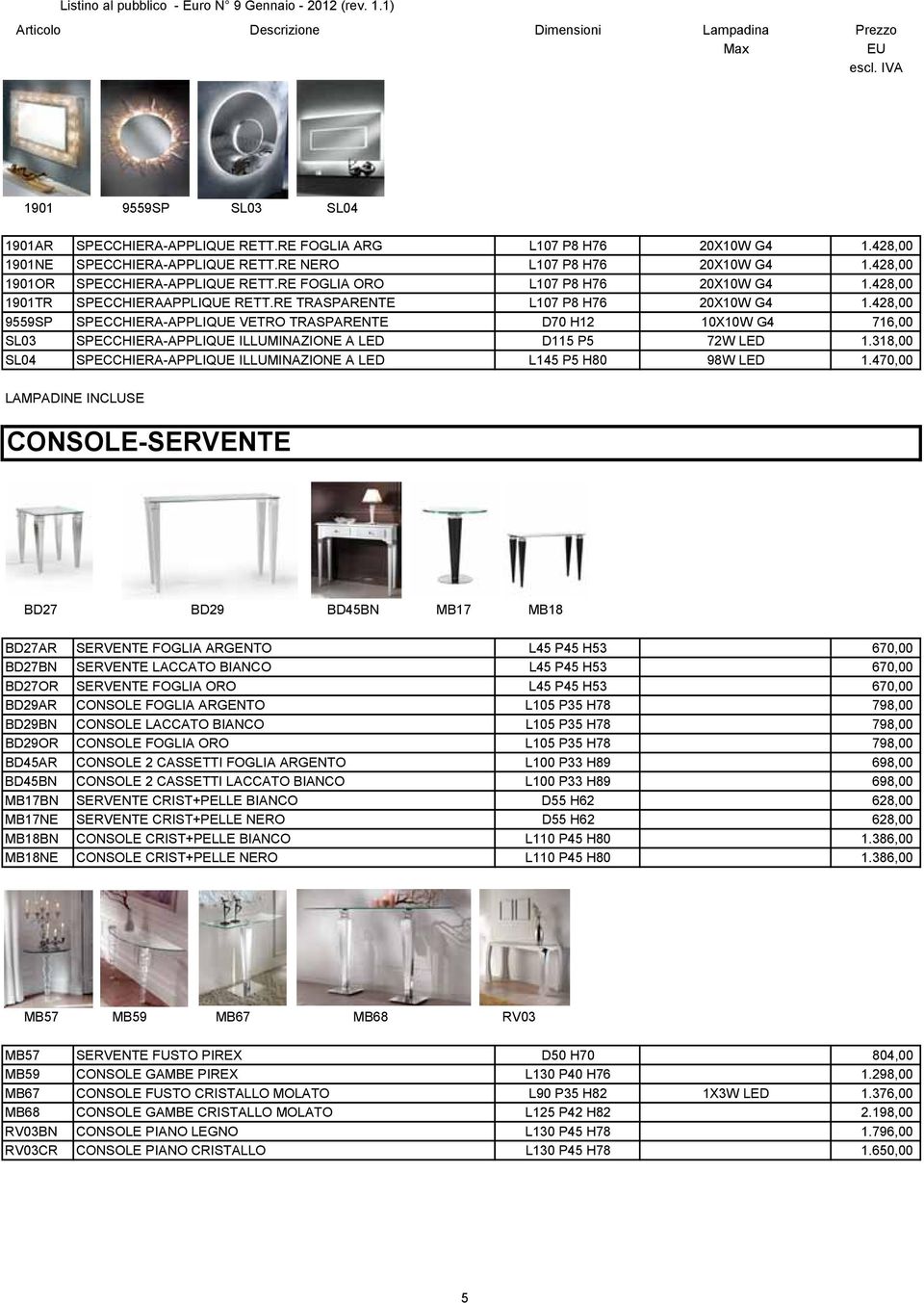 428,00 9559SP SPECCHIERA-APPLIQUE VETRO TRASPARENTE D70 H12 10X10W G4 716,00 SL03 SPECCHIERA-APPLIQUE ILLUMINAZIONE A LED D115 P5 72W LED 1.