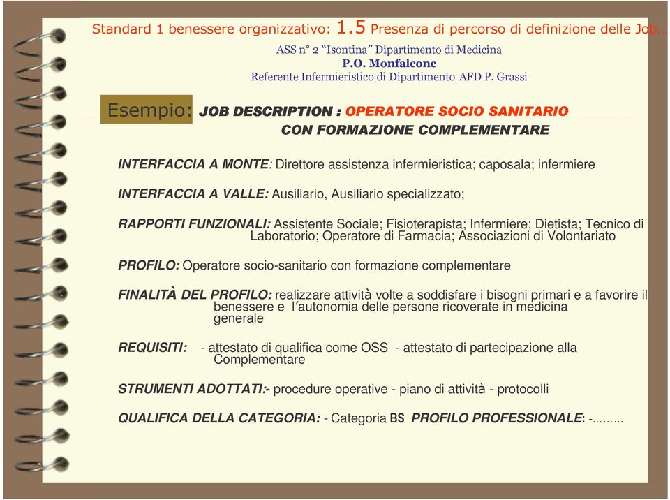 Ausiliario, Ausiliario specializzato; RAPPORTI FUNZIONALI: Assistente Sociale; Fisioterapista; Infermiere; Dietista; Tecnico di Laboratorio; Operatore di Farmacia; Associazioni di Volontariato