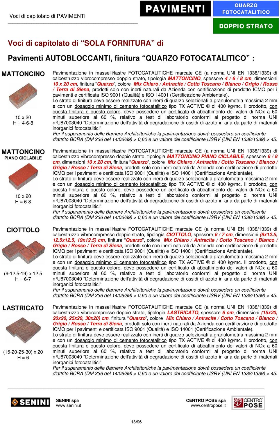 5 H = 6-7 LASTRICATO (15-20-25-30) x 20 H = 6 Pavimentazione in masselli/lastre FOTOCATALITICHE marcate CE (a norma UNI EN 1338/1339) di calcestruzzo vibrocompresso doppio strato, tipologia