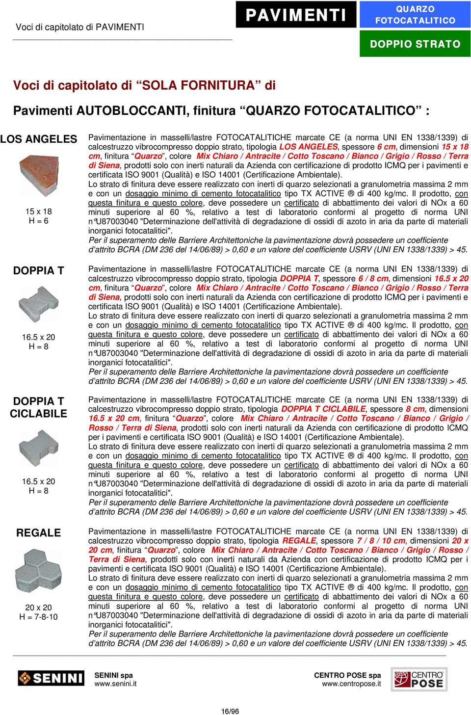 5 x 20 H = 8 Pavimentazione in masselli/lastre FOTOCATALITICHE marcate CE (a norma UNI EN 1338/1339) di calcestruzzo vibrocompresso doppio strato, tipologia LOS ANGELES, spessore 6 cm, dimensioni 15