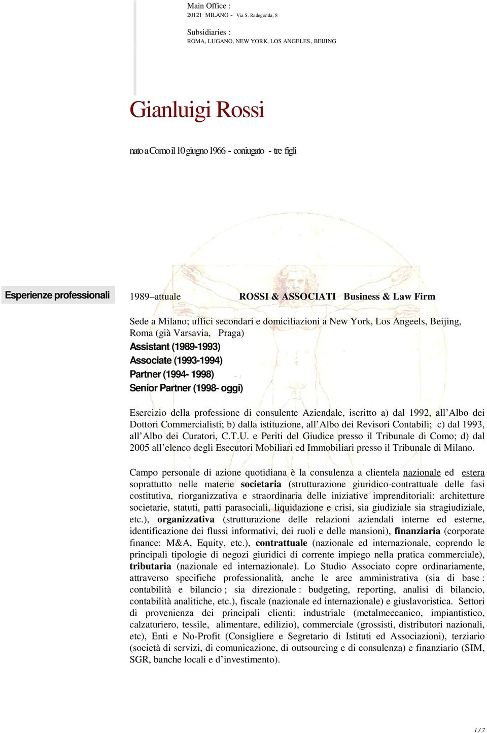 Business & Law Firm Sede a Milano; uffici secondari e domiciliazioni a New York, Los Angeels, Beijing, Roma (già Varsavia, Praga) Assistant (1989-1993) Associate (1993-1994) Partner (1994-1998)