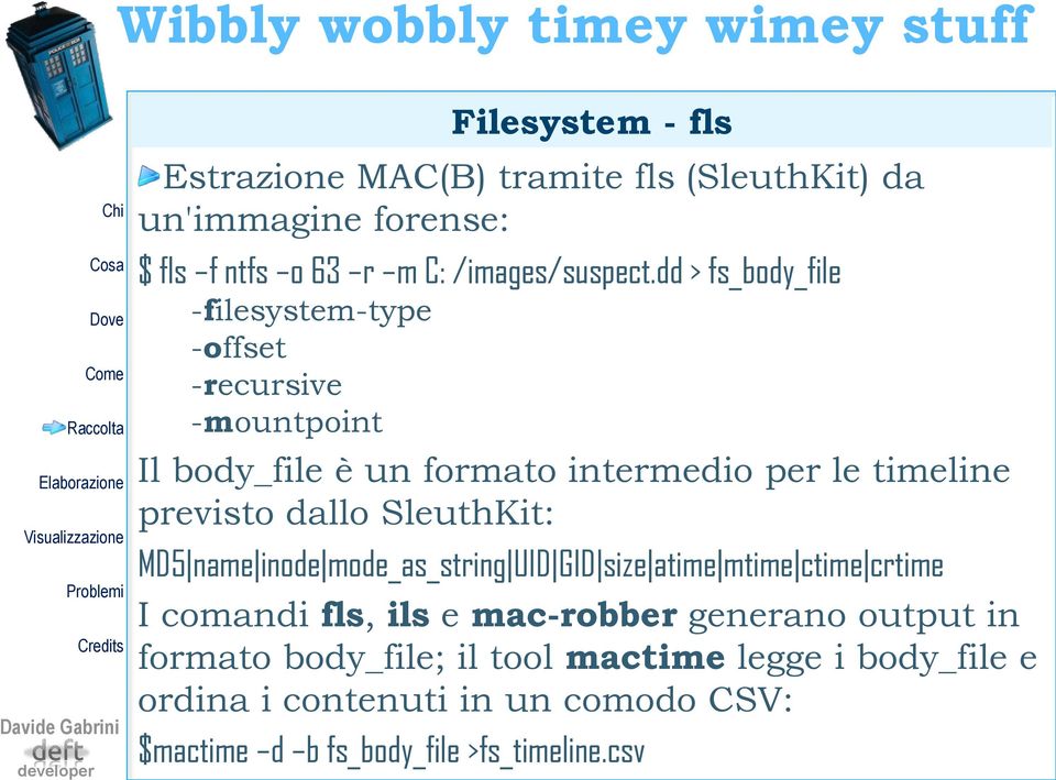 dd > fs_body_file -filesystem-type -offset -recursive -mountpoint Il body_file è un formato intermedio per le timeline previsto