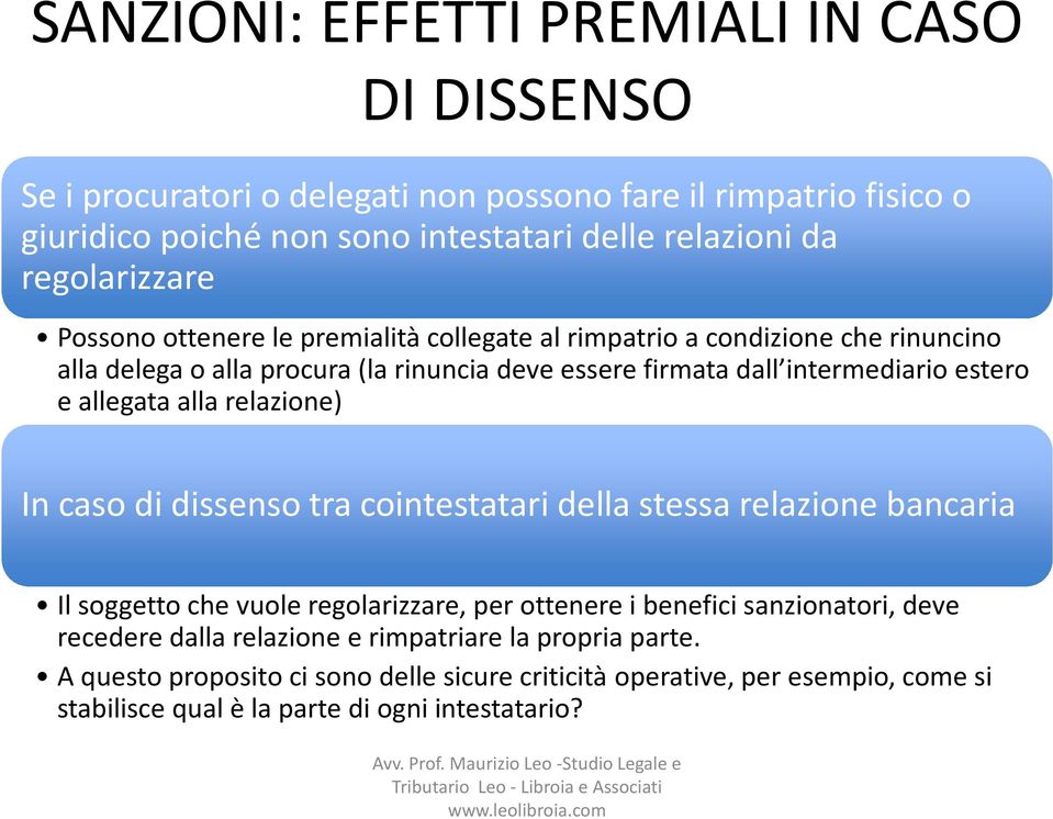 estero e allegata alla relazione) In caso di dissenso tra cointestatari della stessa relazione bancaria Il soggetto che vuole regolarizzare, per ottenere i benefici sanzionatori,