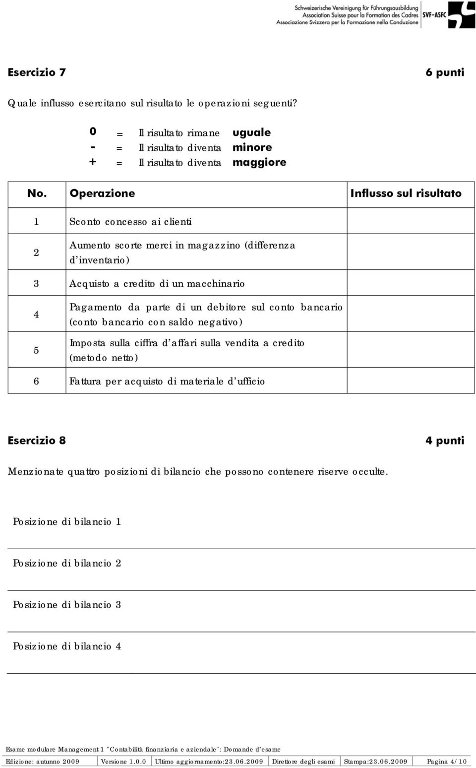 debitore sul conto bancario (conto bancario con saldo negativo) Imposta sulla ciffra d affari sulla vendita a credito (metodo netto) 6 Fattura per acquisto di materiale d ufficio Esercizio 8 4 punti