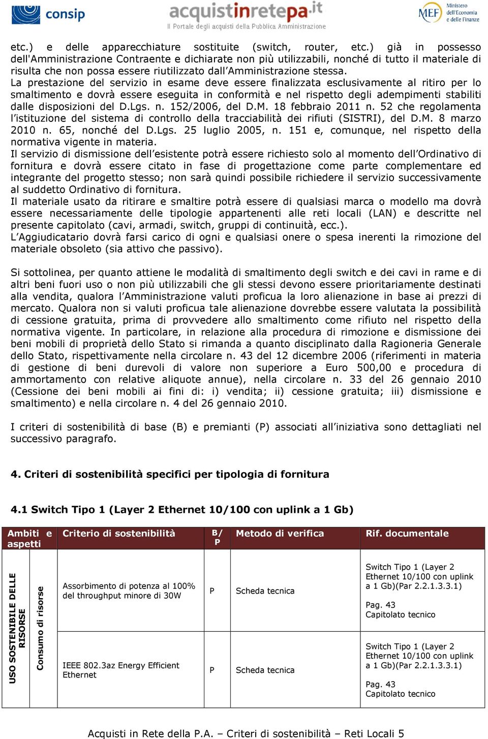 La prestazione del servizio in esame deve essere finalizzata esclusivamente al ritiro per lo smaltimento e dovrà essere eseguita in conformità e nel rispetto degli adempimenti stabiliti dalle