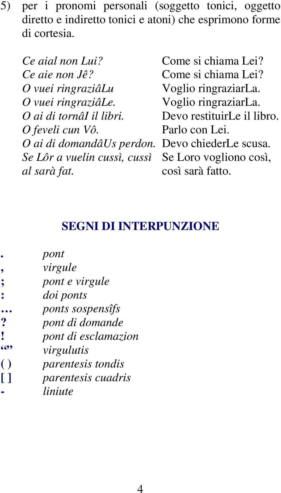 O feveli cun Vô. Parlo con Lei. O ai di domandâus perdon. Devo chiederle scusa. Se Lôr a vuelin cussì, cussì Se Loro vogliono così, al sarà fat. così sarà fatto.