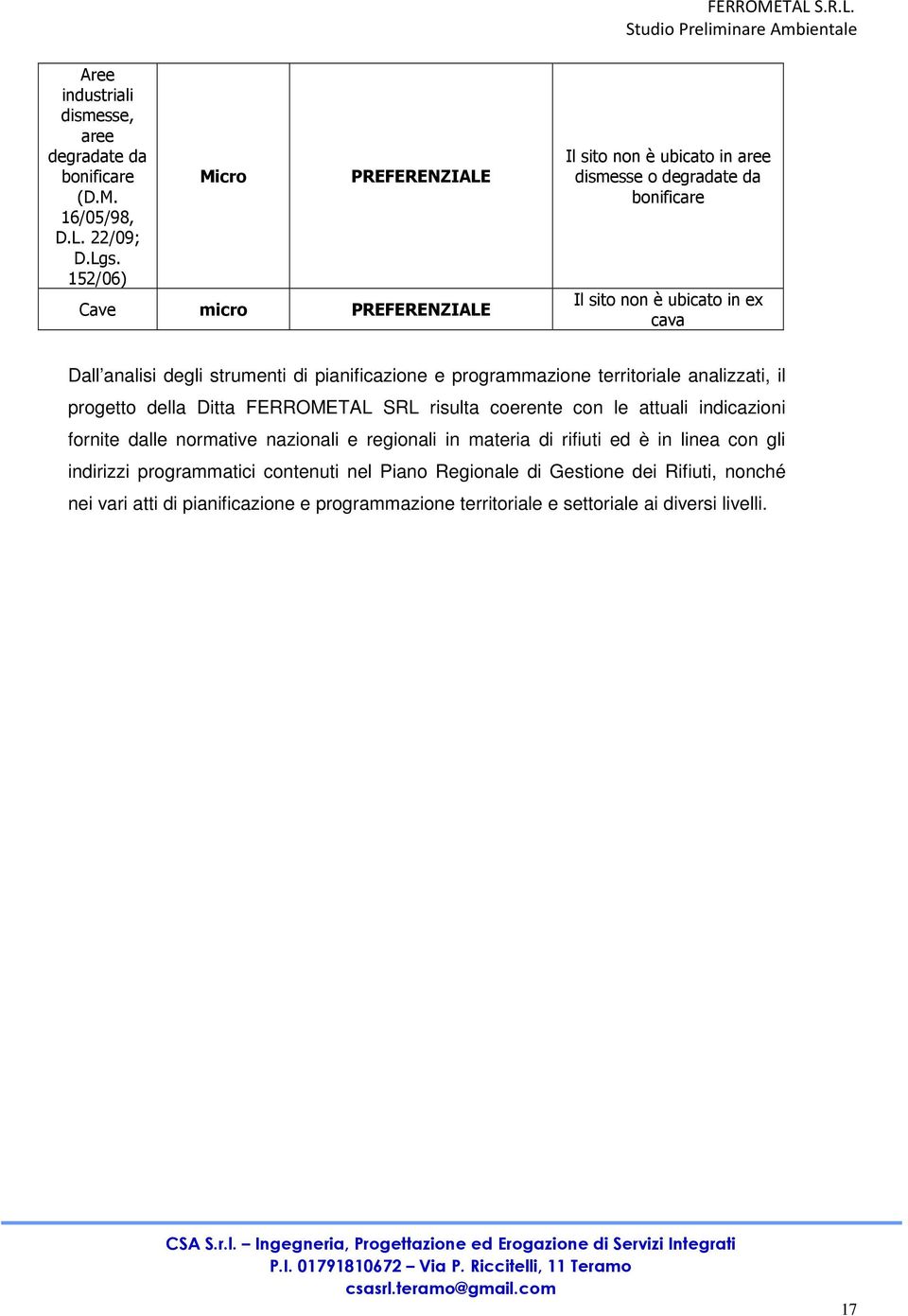 strumenti di pianificazione e programmazione territoriale analizzati, il progetto della Ditta FERROMETAL SRL risulta coerente con le attuali indicazioni fornite dalle