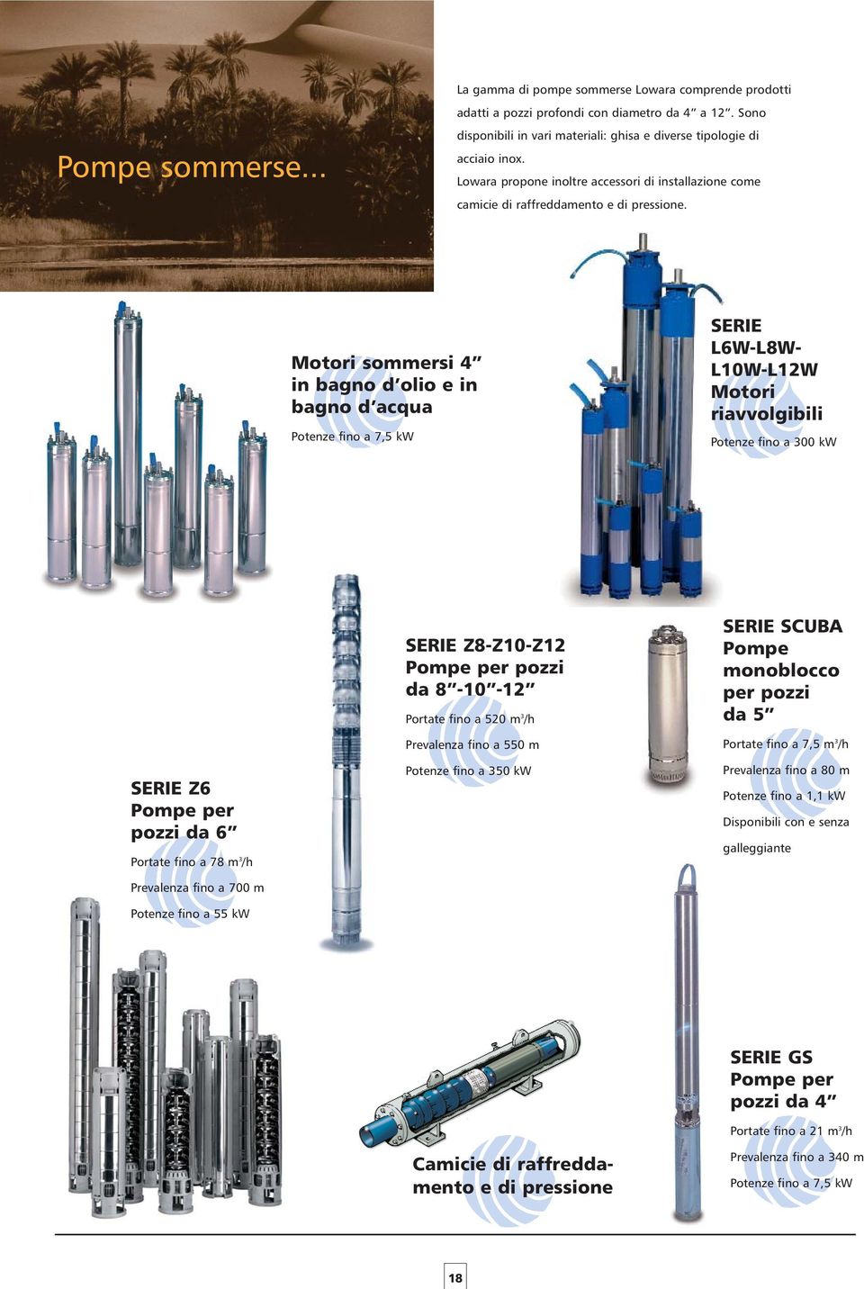 Motori sommersi 4 in bagno d olio e in bagno d acqua Potenze fino a 7,5 kw SERIE L6W-L8W- L10W-L12W Motori riavvolgibili Potenze fino a 300 kw SERIE Z6 Pompe per pozzi da 6 Portate fino a 78 m 3 /h