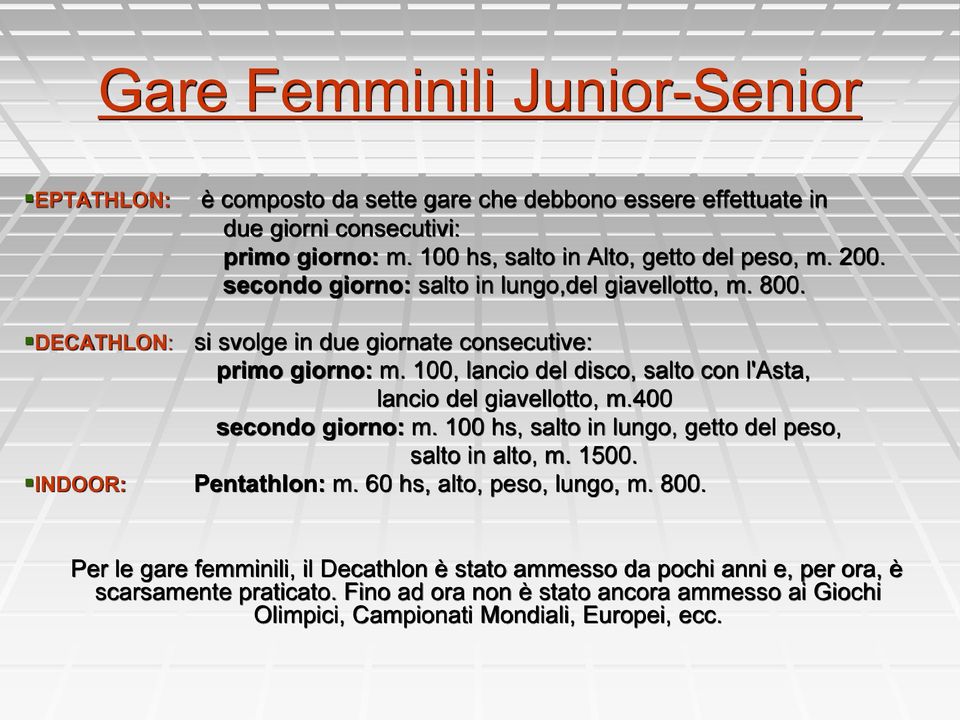 100, lancio del disco, salto con l'asta, lancio del giavellotto, m.400 secondo giorno: m. 100 hs, salto in lungo, getto del peso, salto in alto, m. 1500. INDOOR: Pentathlon: m.