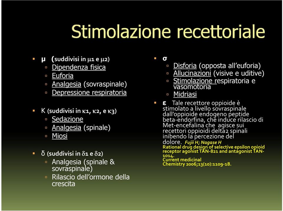 Tale recettore oppioide è stimolato a livello sovraspinale dall oppioide endogeno peptide beta endorfina, che induce rilascio di Met encefalina che agisce sui recettori oppioidi delta2 spinali