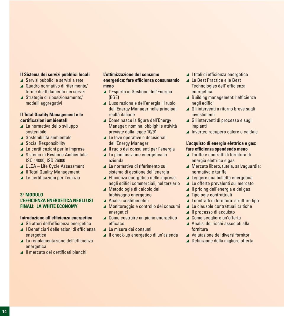 Ambientale: ISO 14000, ISO 26000 L LCA Life Cycle Assessment Il Total Quality Management Le certificazioni per l edilizia 3 MODULO L EFFICIENZA ENERGETICA NEGLI USI FINALI: LA WHITE ECONOMY