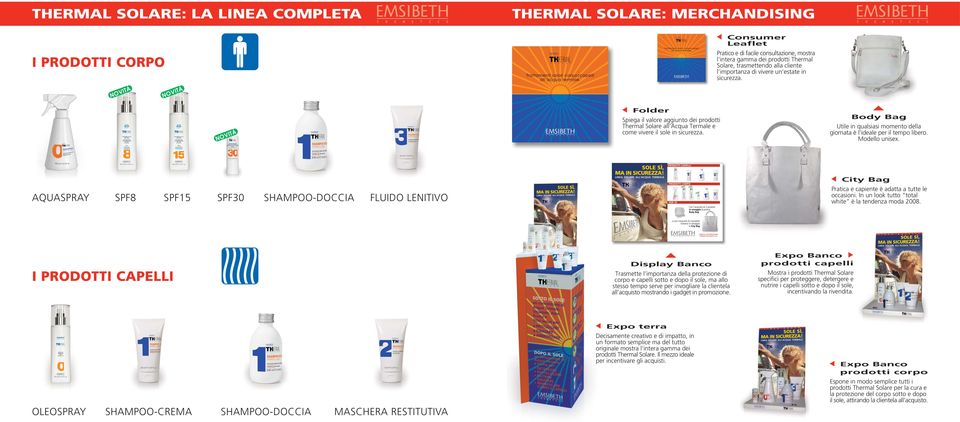 SUN LOTION 8SPF 8 Protezione Bassa Low Protection SUN LOTION SPF 15 Protezione Media 15 Medium Protection Folder Spiega il valore aggiunto dei prodotti Thermal Solare e come vivere il sole in