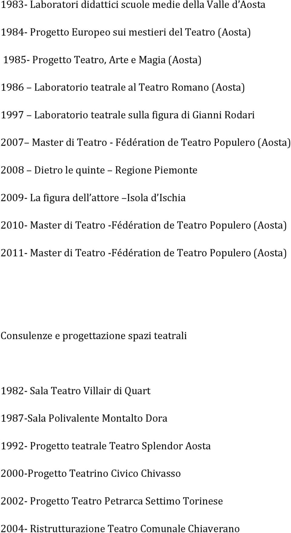 Isola d Ischia 2010- Master di Teatro -Fédération de Teatro Populero (Aosta) 2011- Master di Teatro -Fédération de Teatro Populero (Aosta) Consulenze e progettazione spazi teatrali 1982- Sala Teatro