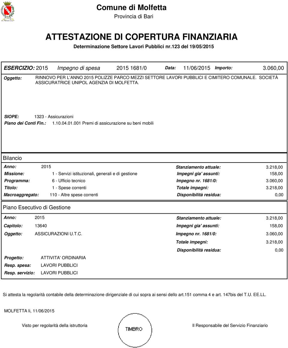SOCIETÀ ASSICURATRICE UNIPOL AGENZIA DI MOLFETTA. SIOPE: 1323 - Assicurazioni Piano dei Conti Fin.: 1.10.04.01.