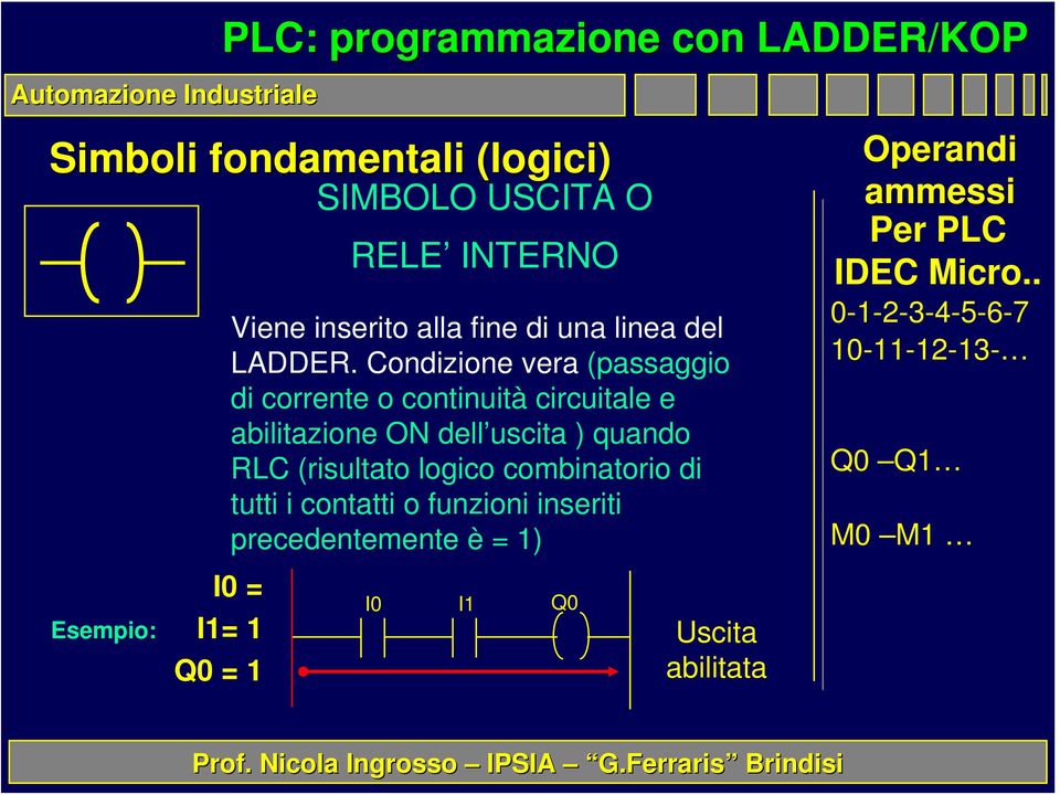 Condizione vera (passaggio di corrente o continuità circuitale e abilitazione ON dell uscita ) quando RLC