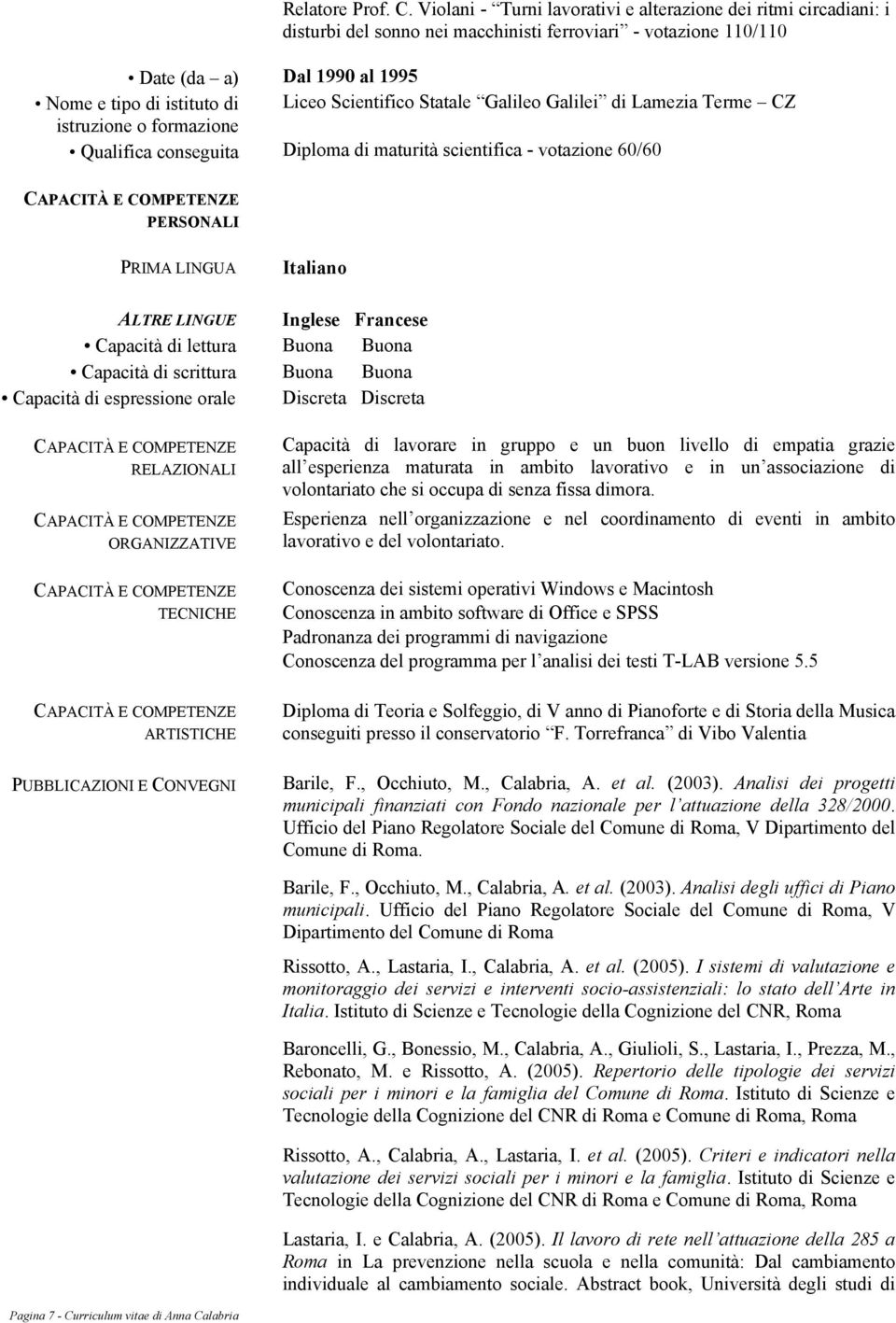 Scientifico Statale Galileo Galilei di Lamezia Terme CZ Qualifica conseguita Diploma di maturità scientifica - votazione 60/60 PERSONALI PRIMA LINGUA Italiano ALTRE LINGUE Inglese Francese Capacità