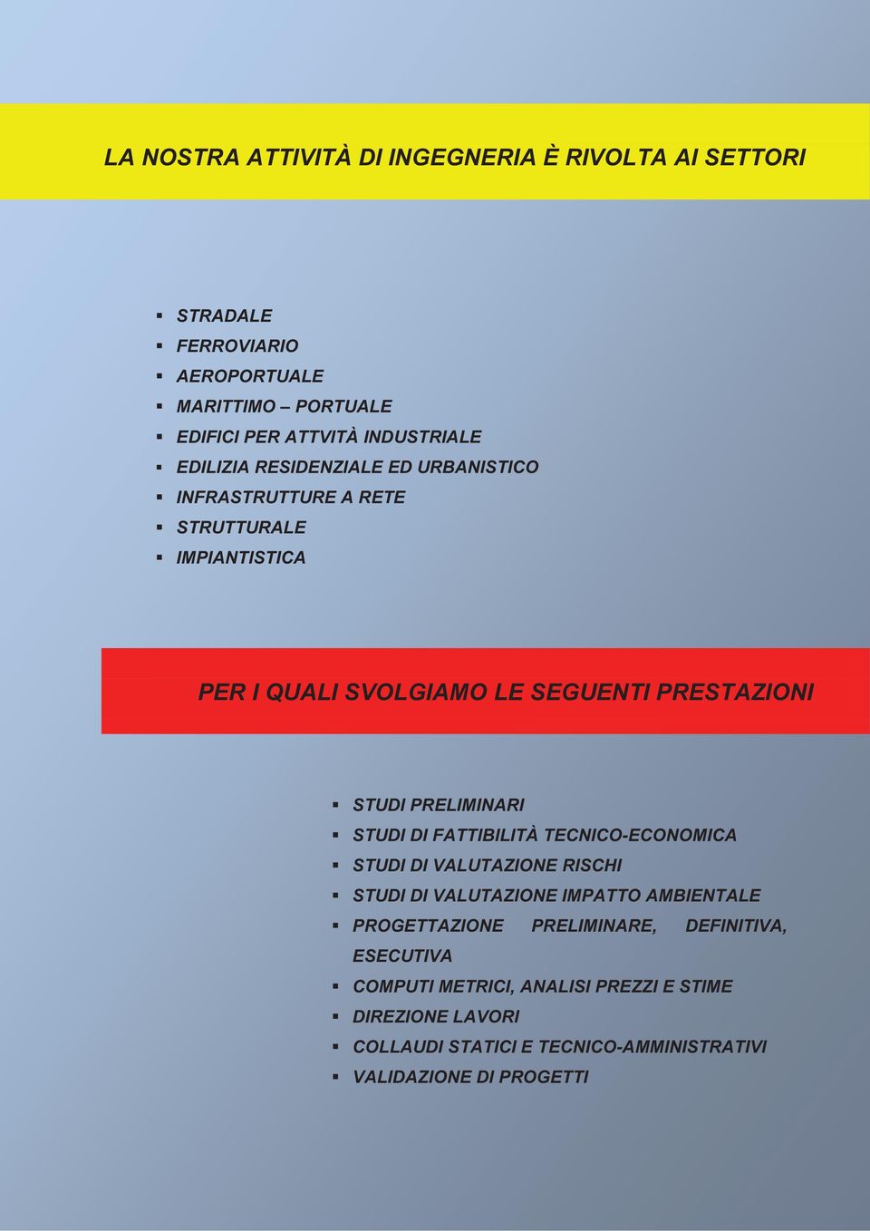 PRELIMINARI STUDI DI FATTIBILITÀ TECNICO-ECONOMICA STUDI DI VALUTAZIONE RISCHI STUDI DI VALUTAZIONE IMPATTO AMBIENTALE PROGETTAZIONE