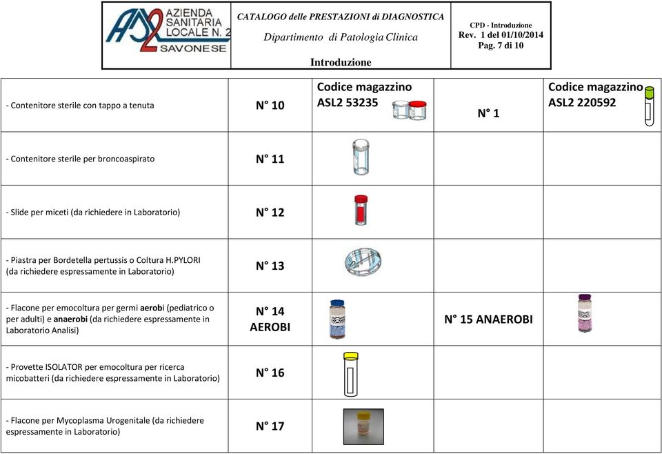 PYLORI (da richiedere espressamente in Laboratorio) N 13 Flacone per emocoltura per germi aerobi (pediatrico o per adulti) e anaerobi (da richiedere