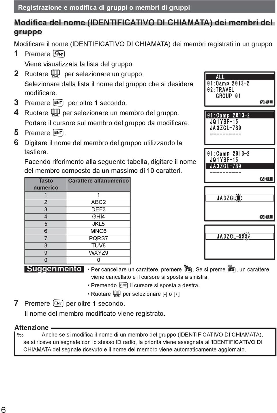 4 Ruotare O per selezionare un membro del gruppo. Portare il cursore sul membro del gruppo da modificare. 5 Premere H. 6 Digitare il nome del membro del gruppo utilizzando la tastiera.