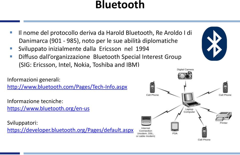 Interest Group (SIG: Ericsson, Intel, Nokia, Toshiba and IBM) Informazioni generali: http://www.bluetooth.