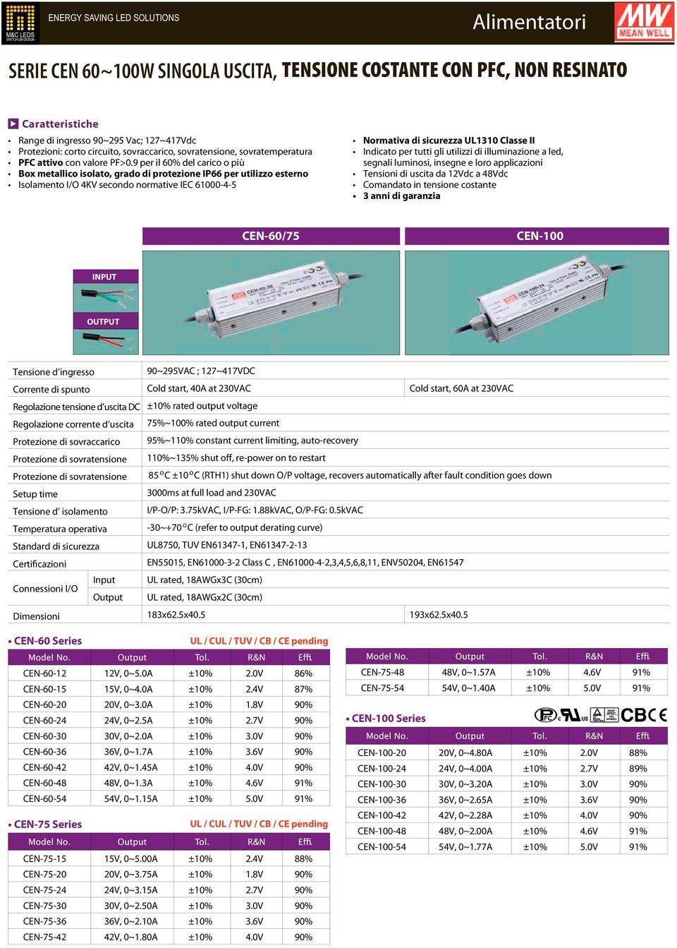 Classe II Indicato per tutti gli utilizzi di illuminazione a led, segnali luminosi, insegne e loro applicazioni Tensioni di uscita da 12Vdc a 48Vdc Comandato in tensione costante 3 anni di garanzia