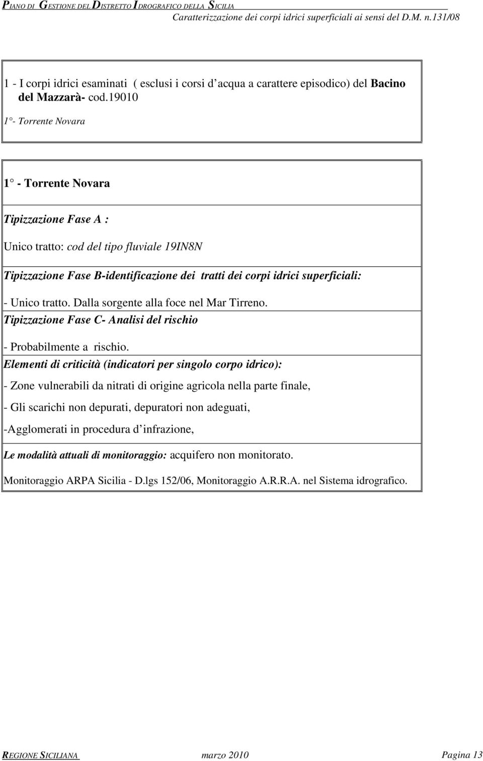 tratto. Dalla sorgente alla foce nel Mar Tirreno. Tipizzazione Fase C- Analisi del rischio - Probabilmente a rischio.