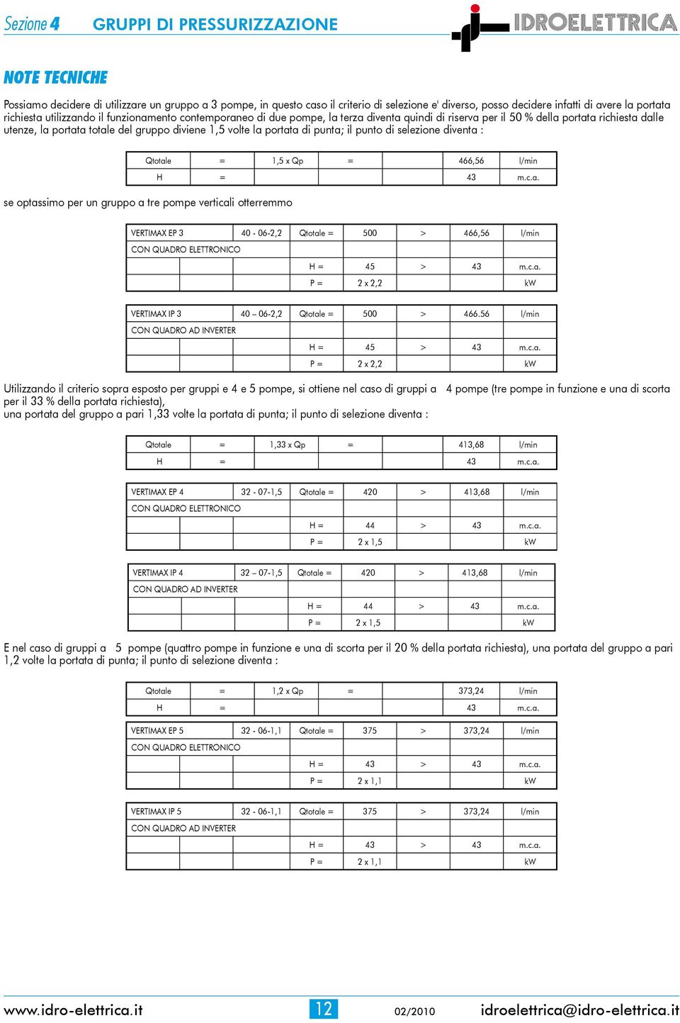 la portata di punta; il punto di selezione diventa : Qtotale = 1,5 x Qp = 466,56 l/min se optassimo per un gruppo a tre pompe verticali otterremmo H = 43 m.c.a. VERTIMAX EP 3 40-06-2,2 Qtotale = 500 > 466,56 l/min CON QUADRO ELETTRONICO H = 45 > 43 m.