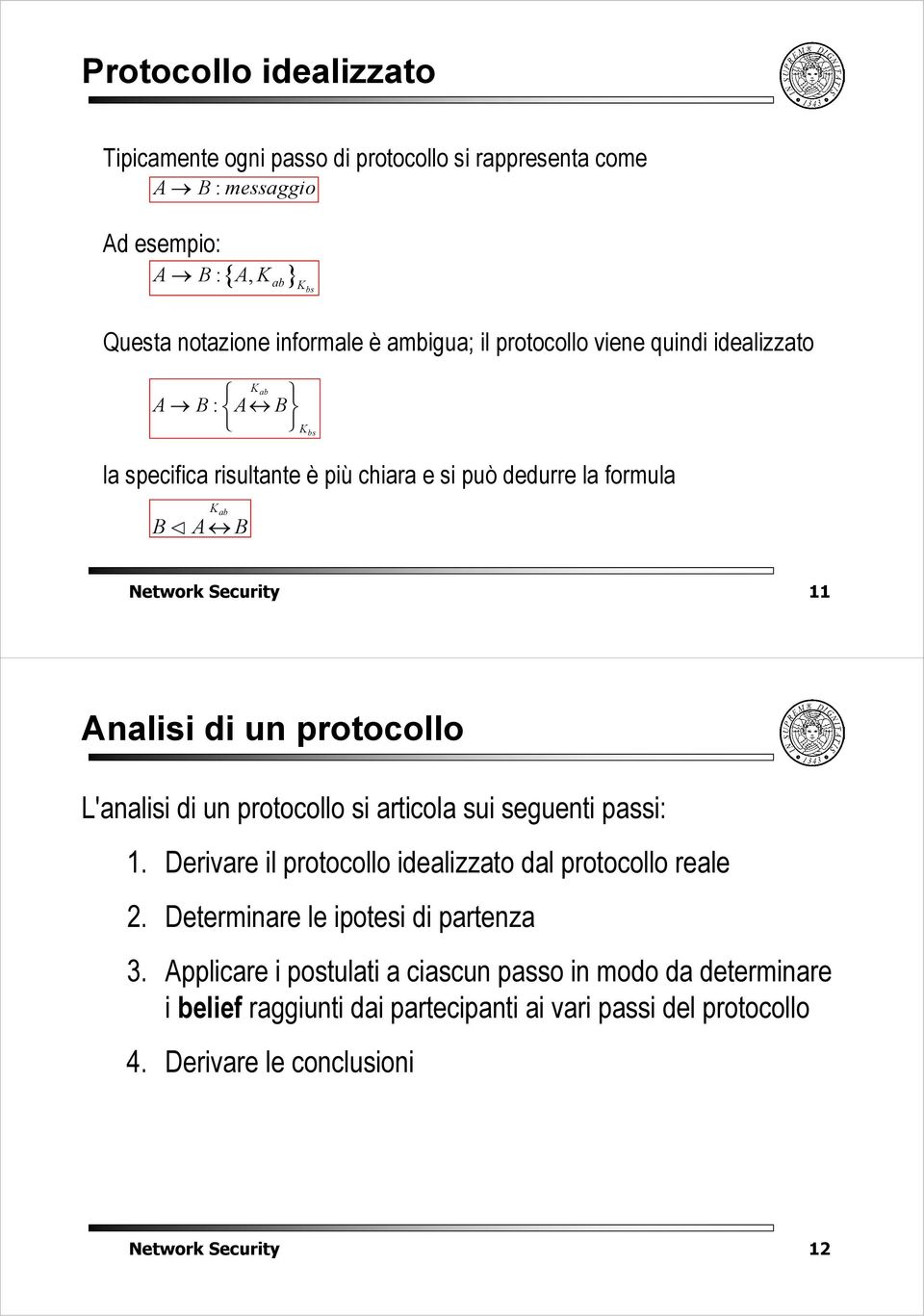 L'nlisi di un protocollo si rticol sui seguenti pssi: 1. Derivre il protocollo idelizzto dl protocollo rele 2. Determinre le ipotesi di prtenz 3.