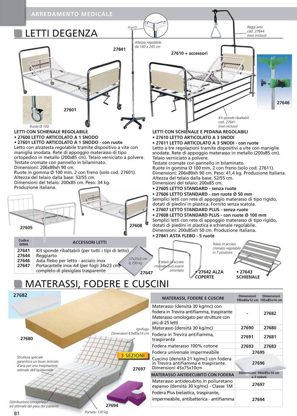 dispositivo a vite con maniglia snodata. Rete di appoggio materasso di tipo ortopedico in metallo (200x85 cm). Telaio verniciato a polvere. Testate cromate con pannello in bilaminato.