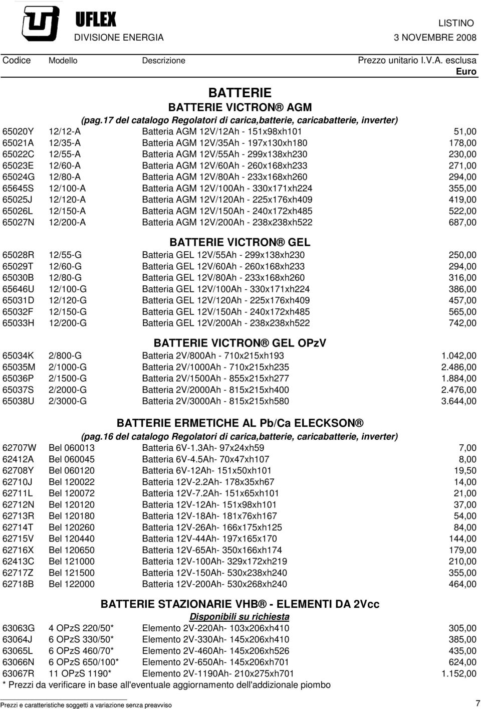 12/55-A Batteria AGM 12V/55Ah - 299x138xh230 230,00 65023E 12/60-A Batteria AGM 12V/60Ah - 260x168xh233 271,00 65024G 12/80-A Batteria AGM 12V/80Ah - 233x168xh260 294,00 65645S 12/100-A Batteria AGM