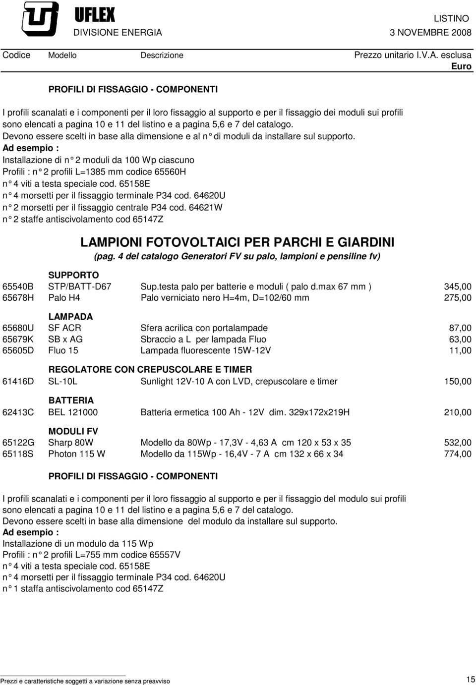 Ad esempio : Installazione di n 2 moduli da 100 Wp ciascuno Profili : n 2 profili L=1385 mm codice 65560H n 4 viti a testa speciale cod. 65158E n 4 morsetti per il fissaggio terminale P34 cod.