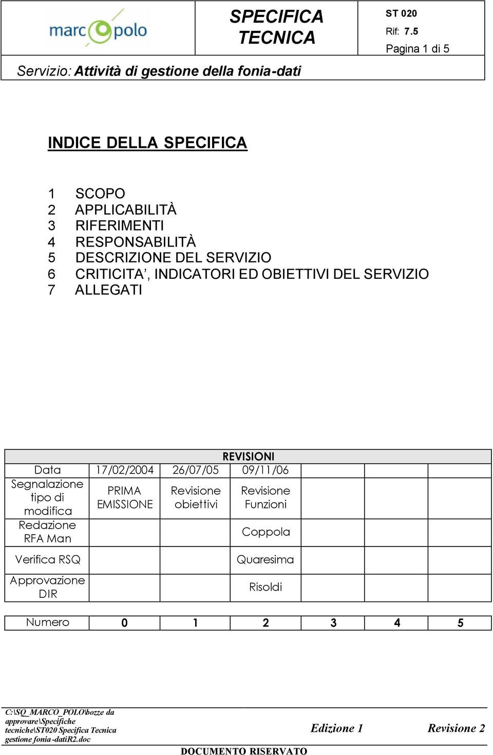 17/02/2004 26/07/05 09/11/06 Segnalazione tipo di modifica Redazione RFA Man Verifica RSQ