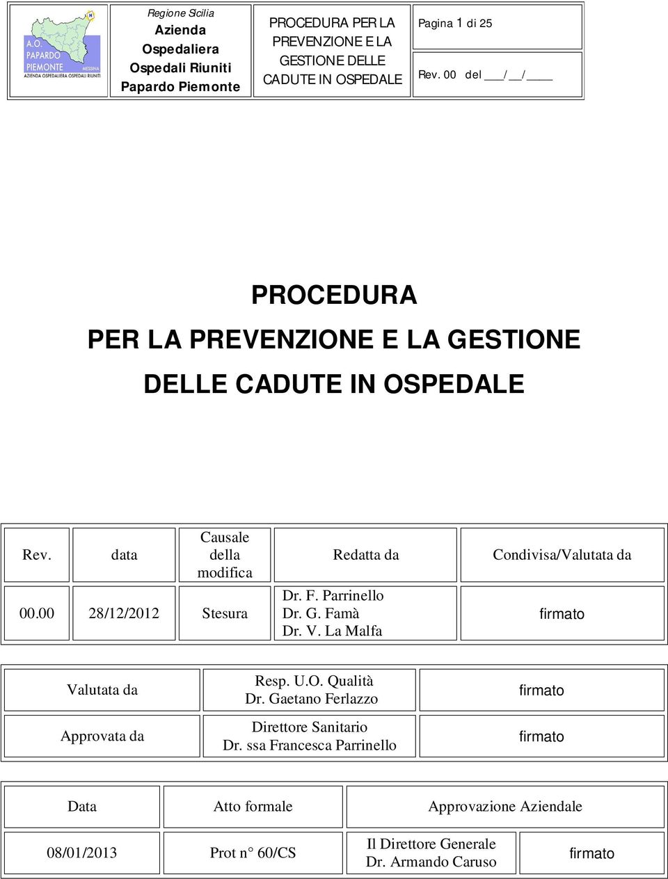 La Malfa Condivisa/Valutata da firmato Valutata da Approvata da Resp. U.O. Qualità Dr.