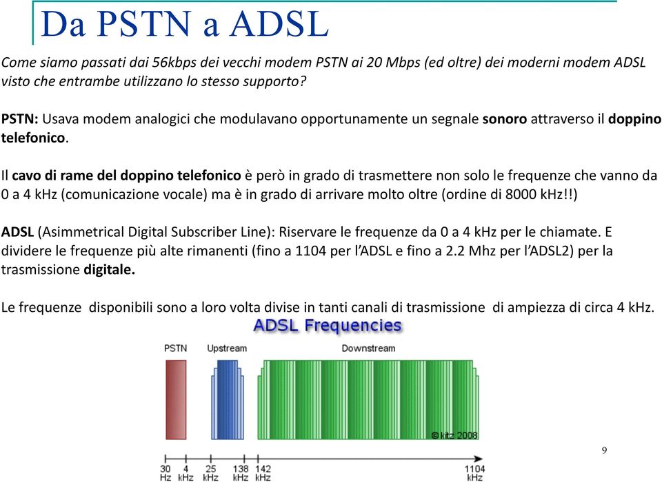 Il cavo di rame del doppino telefonico è però in grado di trasmettere non solo le frequenze che vanno da 0 a 4 khz (comunicazione vocale) ma è in grado di arrivare molto oltre (ordine di 8000 khz!