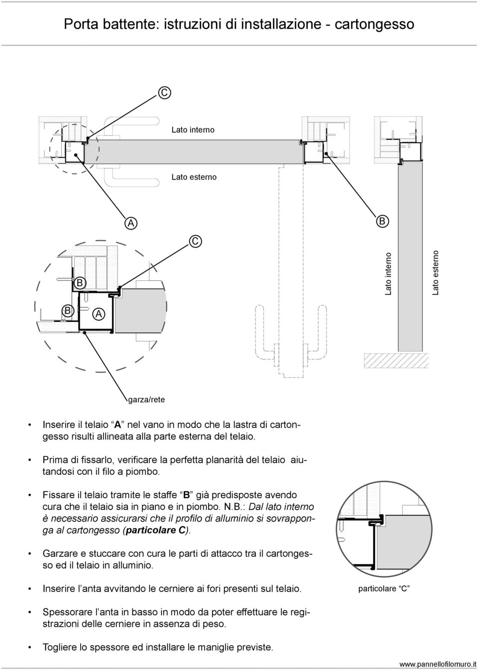 Fissare il telaio tramite le staffe B già predisposte avendo cura che il telaio sia in piano e in piombo. N.B.: Dal lato interno è necessario assicurarsi che il profilo di alluminio si sovrapponga al cartongesso (particolare ).