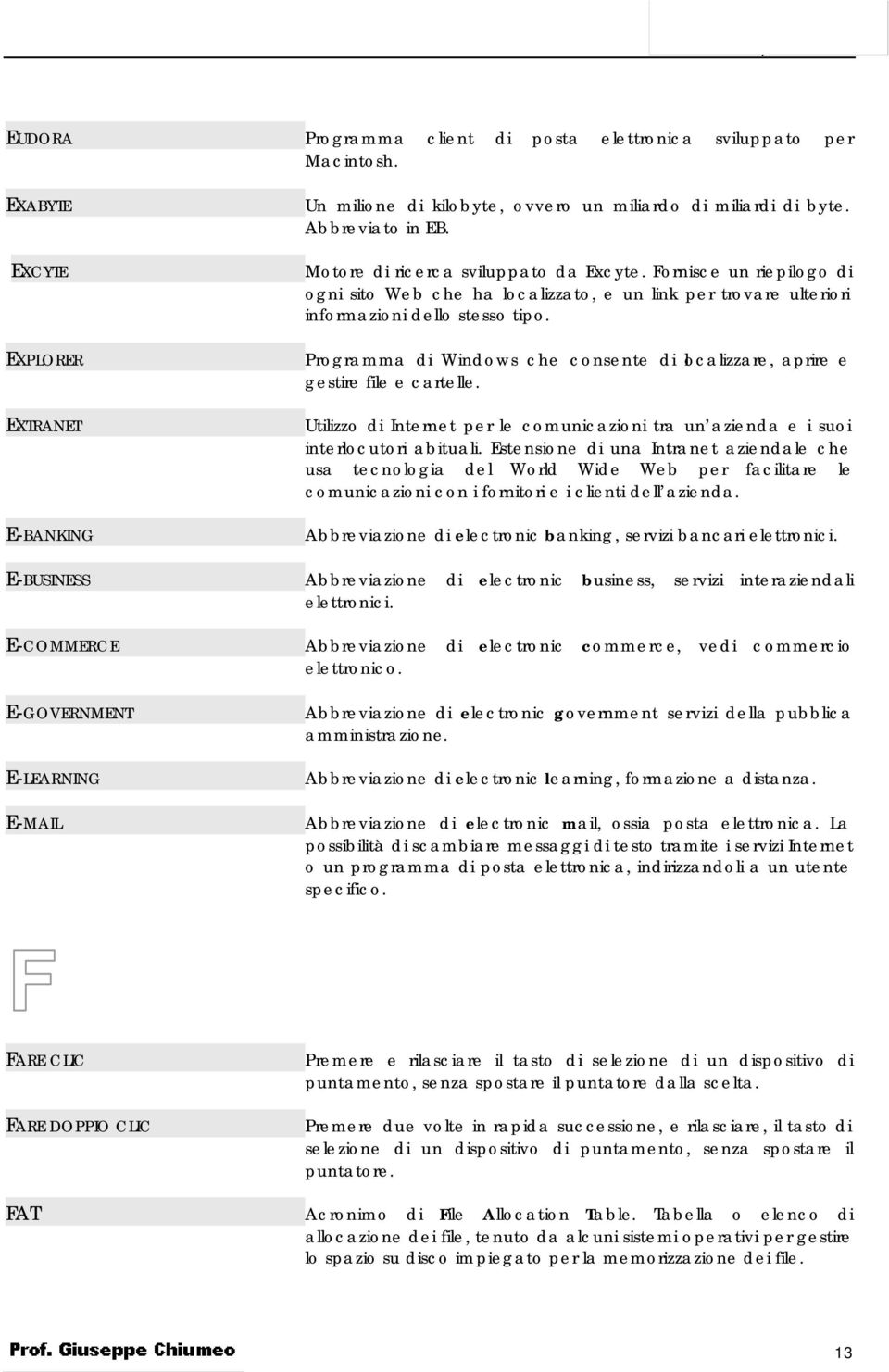 Programma di Windows che consente di localizzare, aprire e gestire file e cartelle. Utilizzo di Internet per le comunicazioni tra un azienda e i suoi interlocutori abituali.