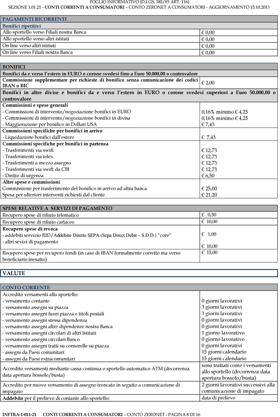 000,00 o controvalore Commissione supplementare per richieste di bonifico senza comunicazione dei codici 2,00 IBAN o BIC Bonifici in altre divise e bonifici da e verso l estero in EURO o corone