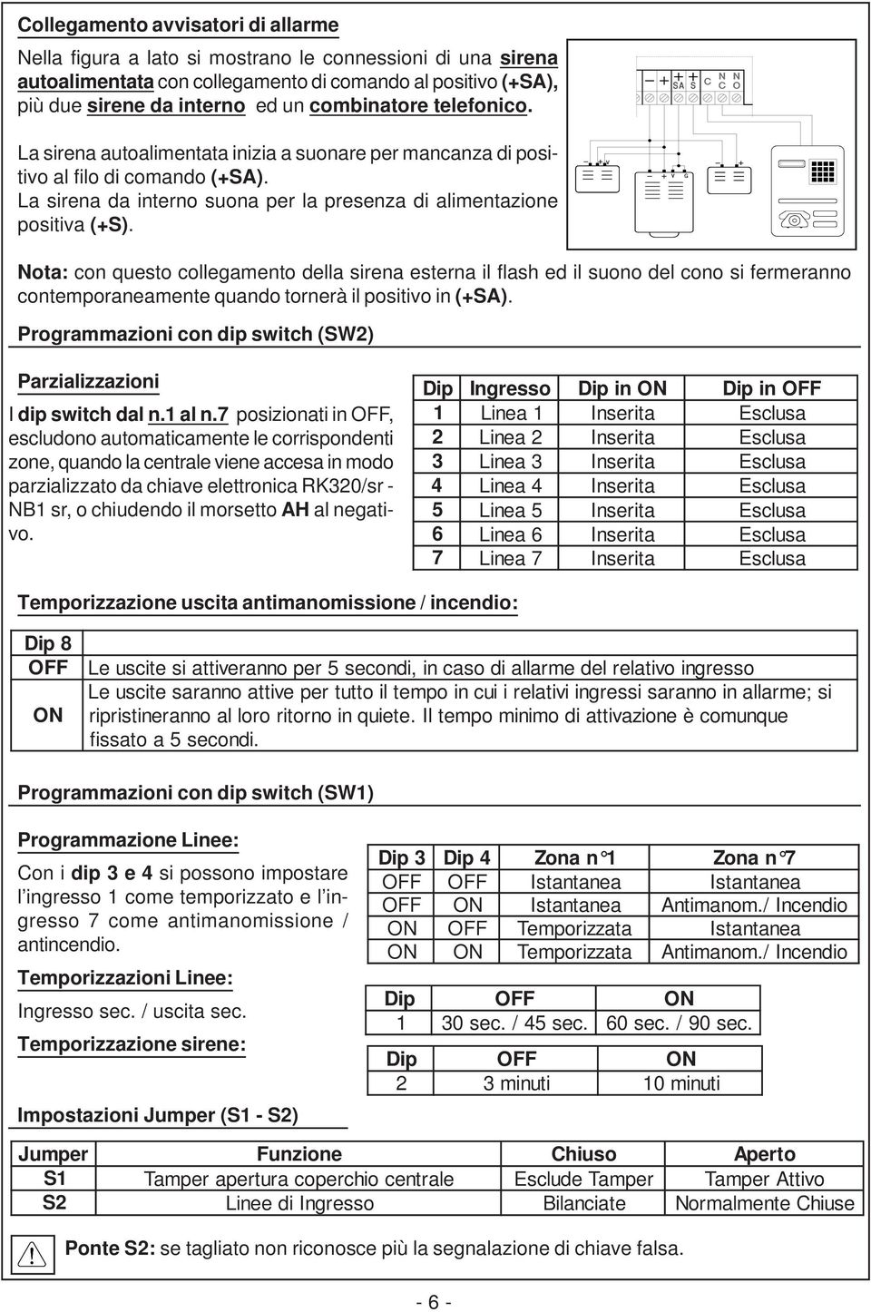 Nota: con questo collegamento della sirena esterna il flash ed il suono del cono si fermeranno contemporaneamente quando tornerà il positivo in (+SA).