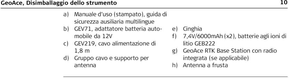 m d) Gruppo cavo e supporto per antenna 10 e) Cinghia f) 7,4V/6000mAh (x2), batterie agli ioni di