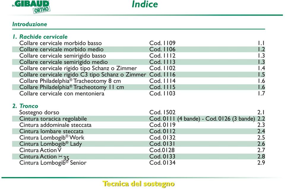 5 Collare Philadelphia Tracheotomy 8 cm Cod. 1114 1.6 Collare Philadelphia Tracheotomy 11 cm Cod. 1115 1.6 Collare cervicale con mentoniera Cod. 1103 1.7 2. Tronco Sostegno dorso Cod. 1502 2.