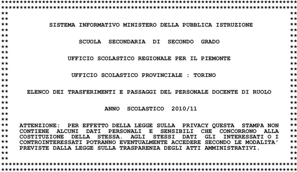 PROVINCIALE : TORINO ** ** ** ** ** ** ELENCO DEI TRASFERIMENTI E PASSAGGI DEL PERSONALE DOCENTE DI RUOLO ** ** ** ** ** ** ANNO SCOLASTICO 2010/11 ** ** ** ** ** ** ATTENZIONE: PER EFFETTO DELLA