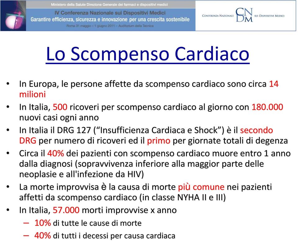 pazienti con scompenso cardiaco muore entro 1 anno dalla diagnosi (sopravvivenza inferiore alla maggior parte delle neoplasie e all'infezione da HIV) La morte improvvisa èla causa