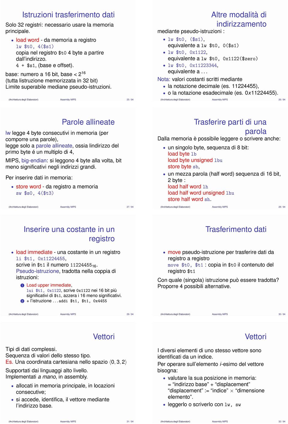 (Architettura degli Elaboratori) Assembly MIPS 25 / 94 Altre modalità di indirizzamento mediante pseudo-istruzioni : lw $t0, ($s1), equivalente a lw $t0, 0($s1) lw $t0, 0x1122, equivalente a lw $t0,