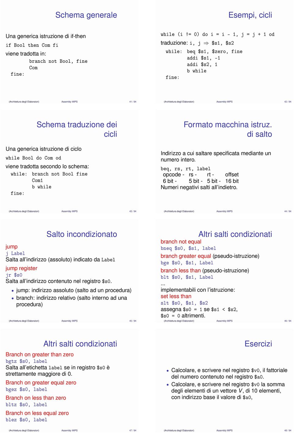 Elaboratori) Assembly MIPS 42 / 94 Schema traduzione dei cicli Una generica istruzione di ciclo while Bool do Com od viene tradotta secondo lo schema: while: branch not Bool fine Com1 b while fine: