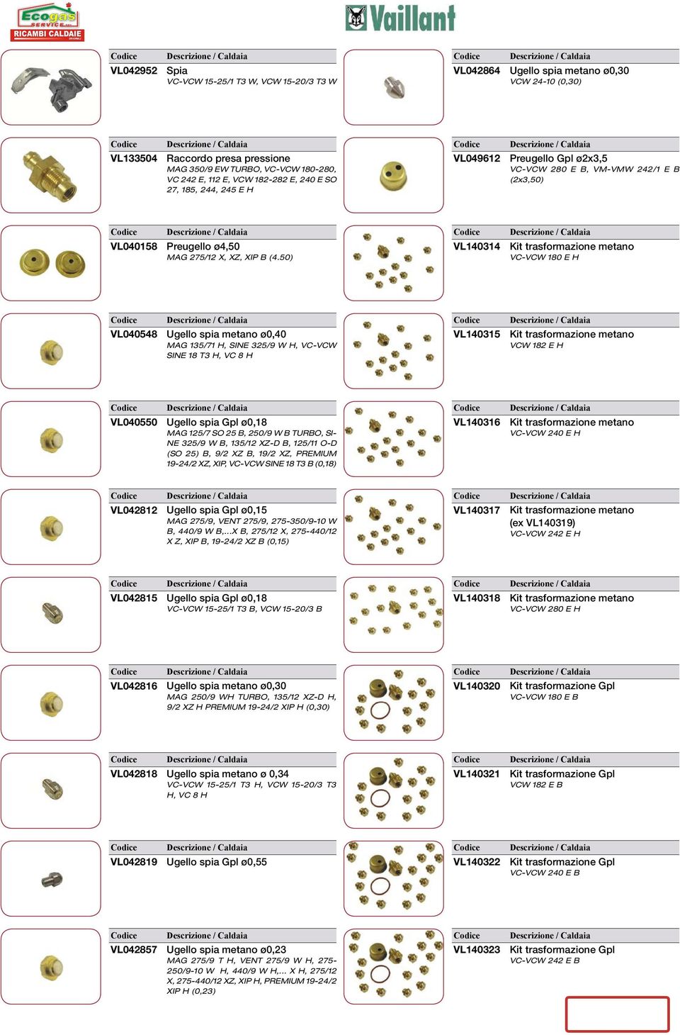 50) VL140314 Kit trasformazione metano VC-VCW 180 E H VL040548 Ugello spia metano ø0,40 MAG 135/71 H, SINE 325/9 W H, VC-VCW SINE 18 T3 H, VC 8 H VL140315 Kit trasformazione metano VCW 182 E H