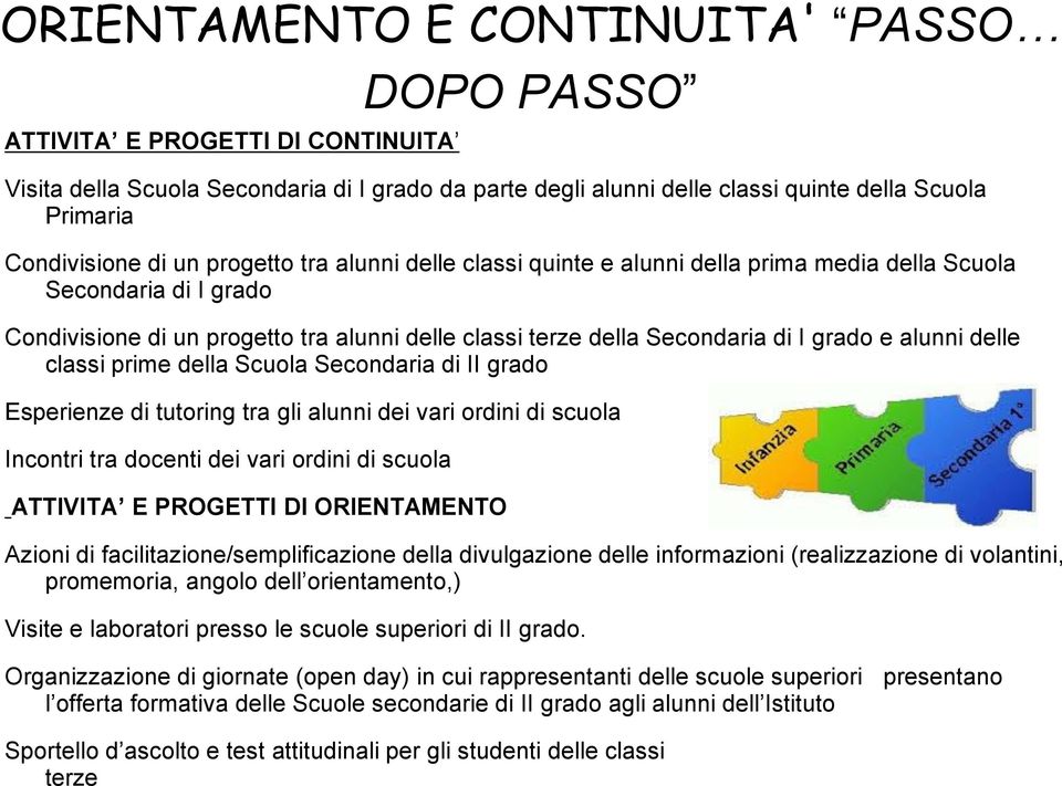 delle classi prime della Scuola Secondaria di II grado Esperienze di tutoring tra gli alunni dei vari ordini di scuola Incontri tra docenti dei vari ordini di scuola ATTIVITA E PROGETTI DI